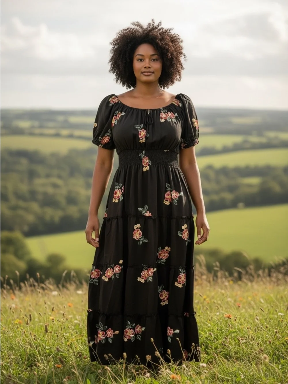 Anthro Kindred Embroidered Smocked Brown Maxi Dress with Puff Sleeves